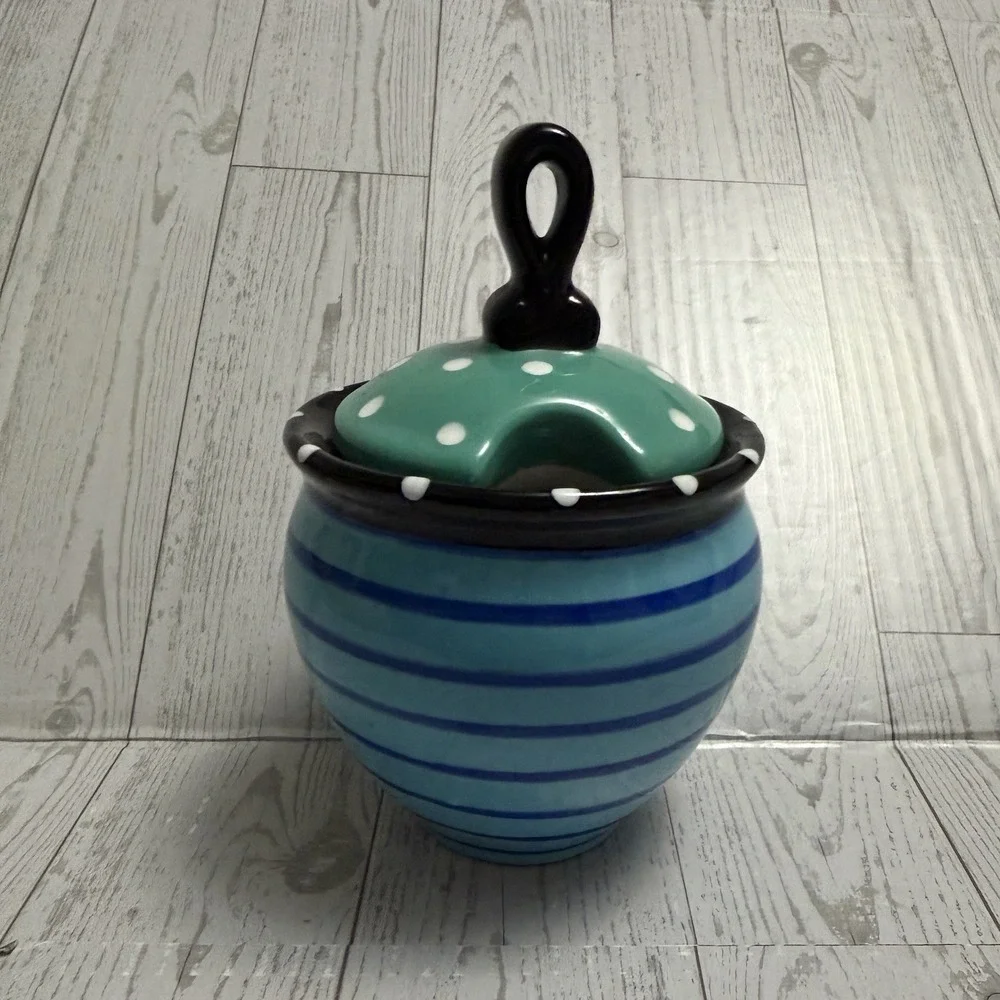 Outta Hand By Amy Hetrick Sugar‎ Bowl Lid Striped Polka dot Blue Green Vintage